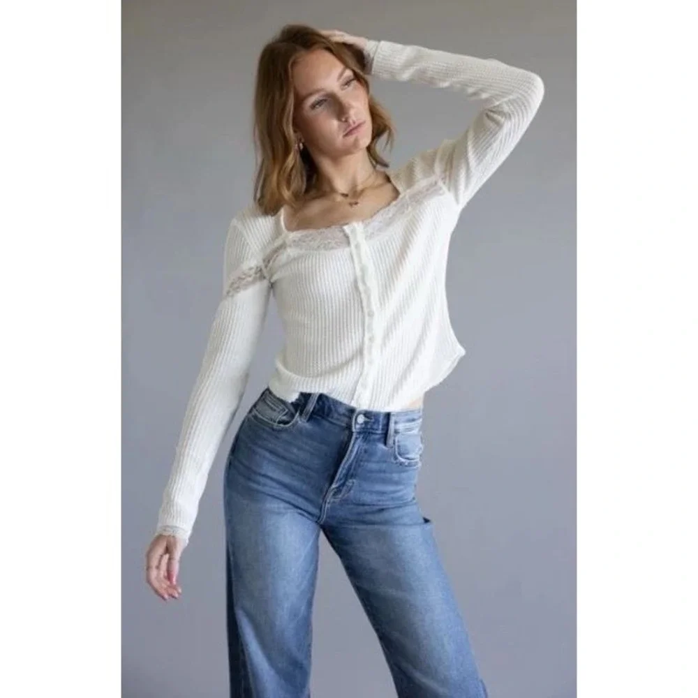 Free People Size M Cotton Lets Party Cardi Lace Top White Waffle Knit Lace Trim
